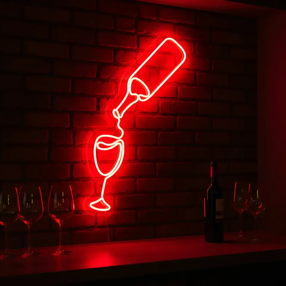 Cartel Botella Y Copa De Vino Lineas Neon Led 50x29cm Deco