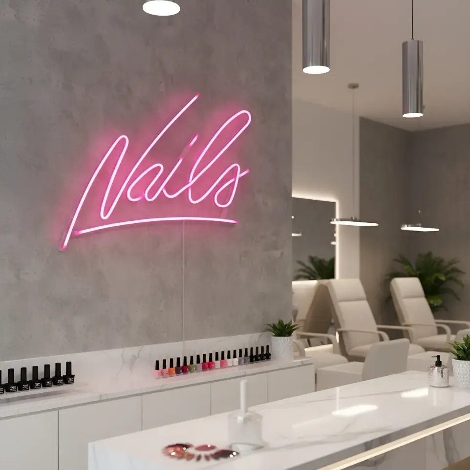 Cartel Neón Led Rosa Nails 35x33 Cm Uñas Deco Iluminacion