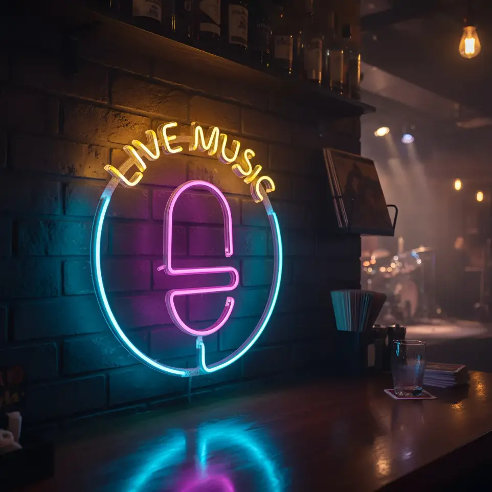 Cartel Live Music Micrófono Neon Led 40 Cm Deco Fiesta